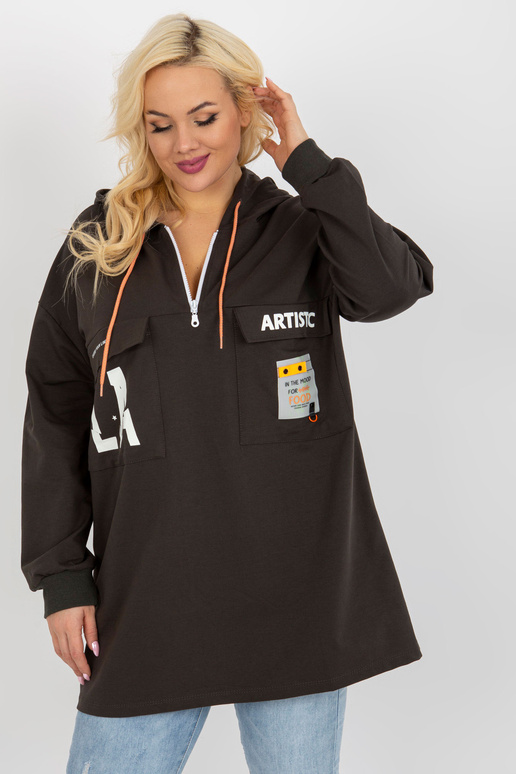 Khaki delší mikina plus size s kapsami