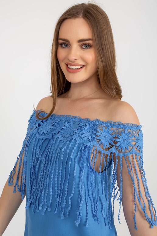 Modrá letní španělská halenka s třásněmi