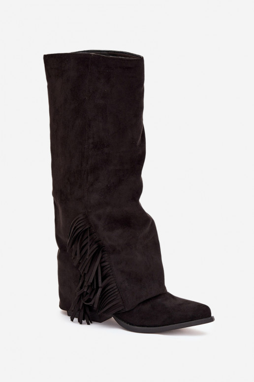 Slip-on vzor dlouhé boty kovbojský styl  s podpatky se střapci Černé Zalia