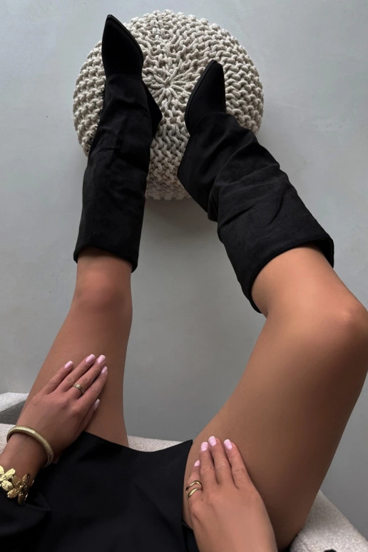 Slip-on vzor dlouhé boty kovbojský styl  s podpatky se střapci Černé Zalia