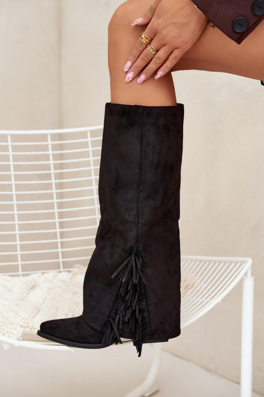 Slip-on vzor dlouhé boty kovbojský styl  s podpatky se střapci Černé Zalia