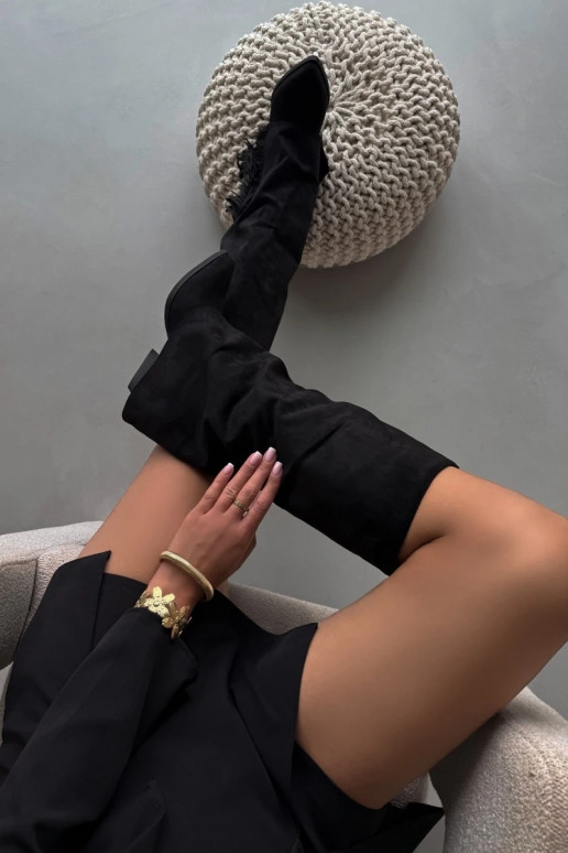 Slip-on vzor dlouhé boty kovbojský styl  s podpatky se střapci Černé Zalia