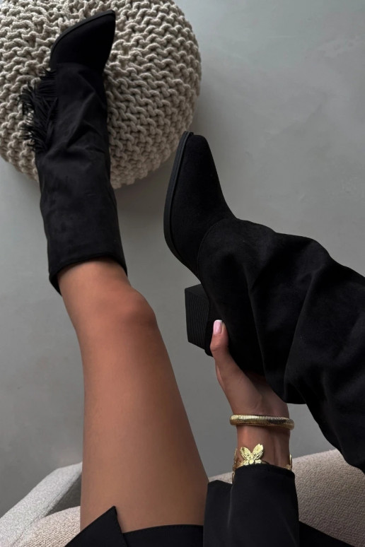 Slip-on vzor dlouhé boty kovbojský styl  s podpatky se střapci Černé Zalia