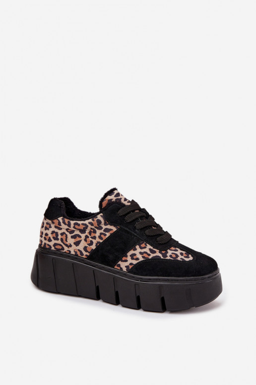 ze semiše zateplené Tenisky  s platformou Vinceza 66841 se vzory leopardí kožešiny Černé ze semiše zateplené Tenisky  s platformou Vinceza 66841 se vzory leopardí kožešiny Černé