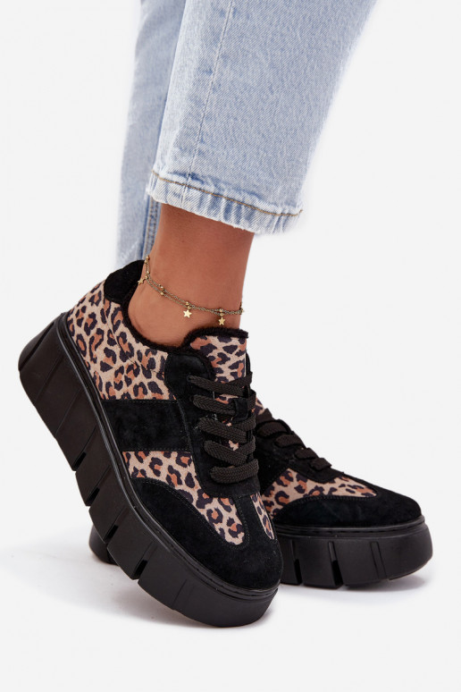 ze semiše zateplené Tenisky  s platformou Vinceza 66841 se vzory leopardí kožešiny Černé ze semiše zateplené Tenisky  s platformou Vinceza 66841 se vzory leopardí kožešiny Černé