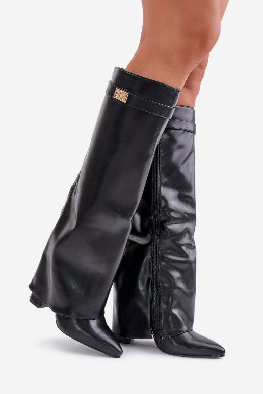 dámské dlouhé boty Eko  Z Wywiniętą Cholewką s podpatky Černé Avamora