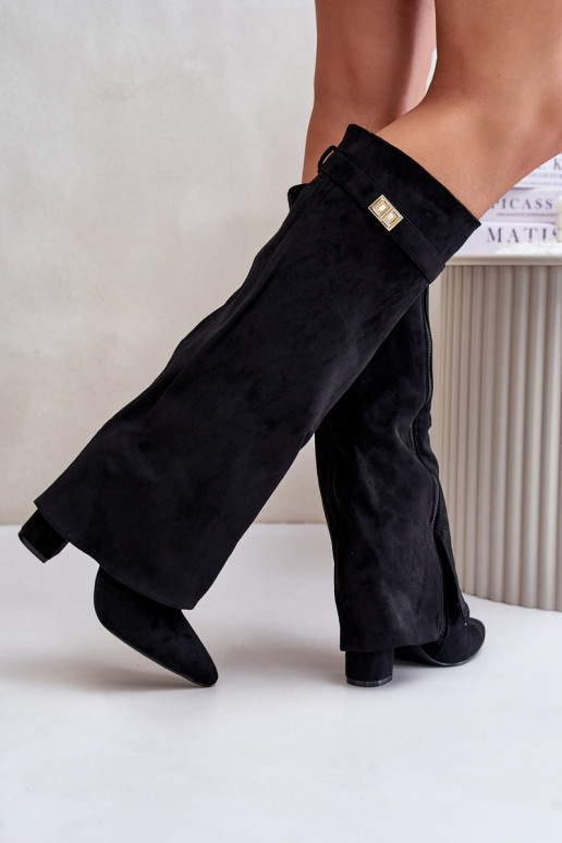 dlouhé boty s podpatky Z Wywiniętą Cholewką zateplené Černé Urelli