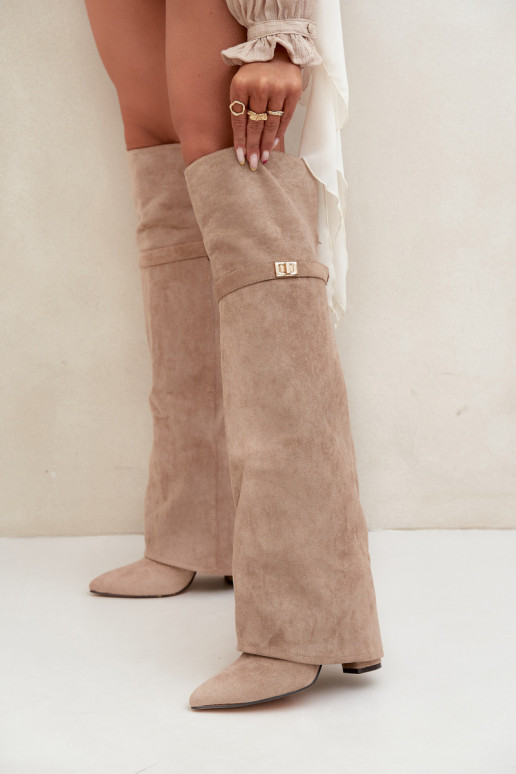 zateplené dlouhé boty Z Wywiniętą Cholewką nad kolena Obcas Słupek béžové Serelle
