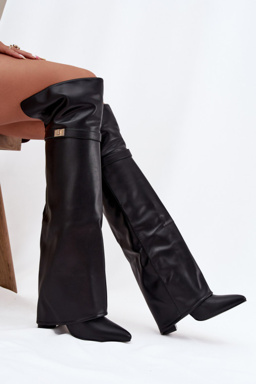 zateplené dlouhé boty Z Wywiniętą Cholewką nad kolena Obcas Słupek Černé Serelle