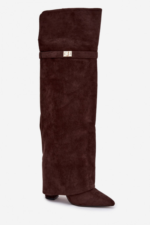 zateplené dlouhé boty Z Wywiniętą Cholewką nad kolena Obcas Słupek Czekoladowe Serelle