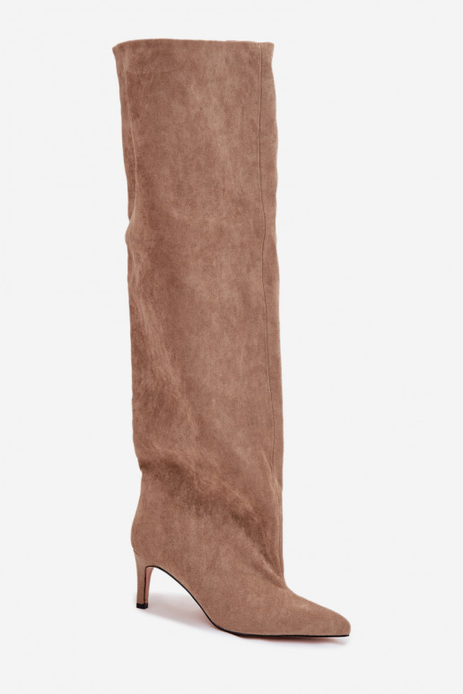 dámské dlouhé boty s tenkými podpatky Slip-on vzor béžové Mavilla