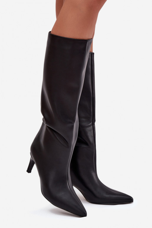 dámské dlouhé boty Slip-on vzor zateplené s tenkými podpatky Černé Olivienne