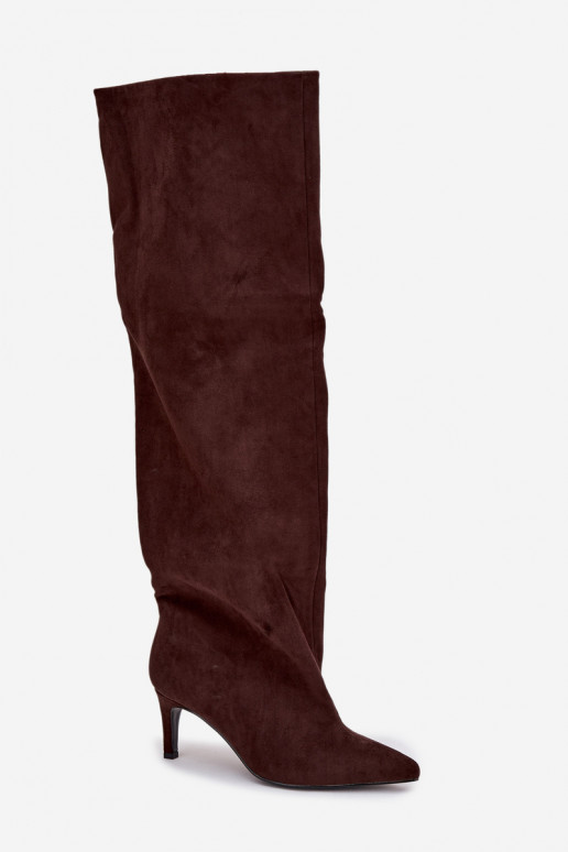 dámské dlouhé boty s tenkými podpatky Slip-on vzor Czekoladowe Mavilla