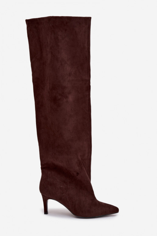 dámské dlouhé boty s tenkými podpatky Slip-on vzor Czekoladowe Mavilla