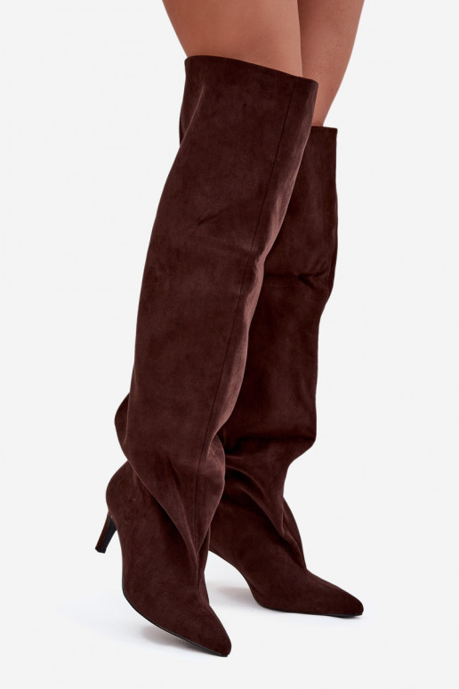 dámské dlouhé boty s tenkými podpatky Slip-on vzor Czekoladowe Mavilla