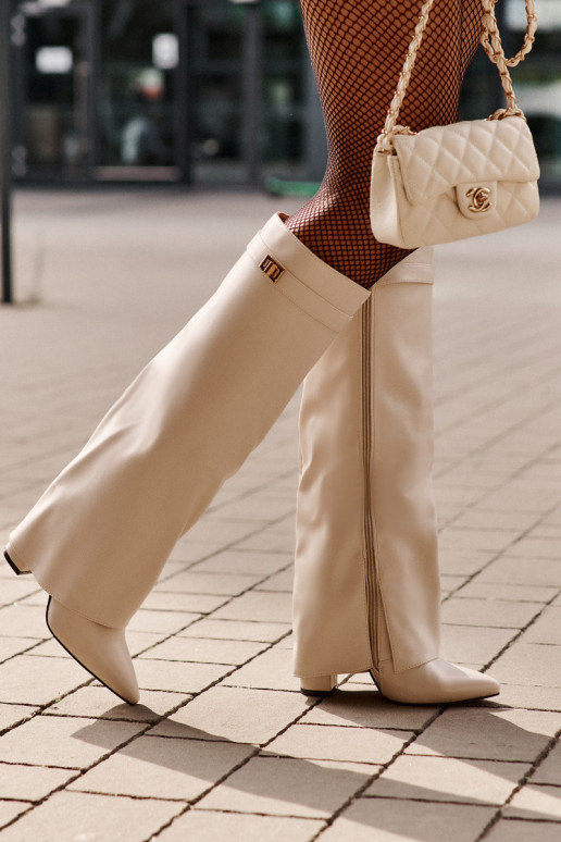 dámské dlouhé boty Eko  Z Wywiniętą Cholewką s podpatky slonová kost Avamora