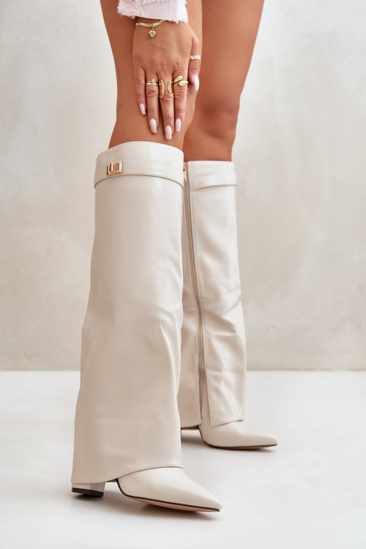 dámské dlouhé boty Eko  Z Wywiniętą Cholewką s podpatky slonová kost Avamora