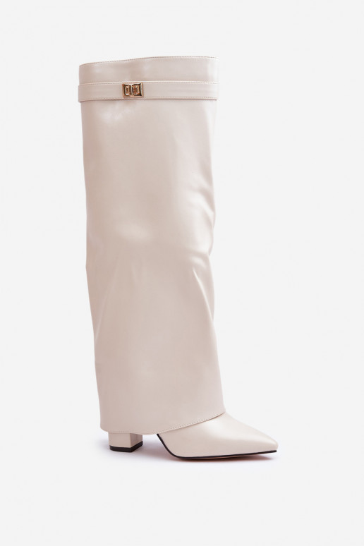 dámské dlouhé boty Eko  Z Wywiniętą Cholewką s podpatky slonová kost Avamora