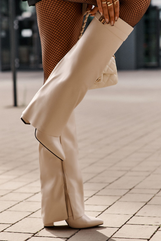 dámské dlouhé boty Eko  Z Wywiniętą Cholewką s podpatky slonová kost Avamora