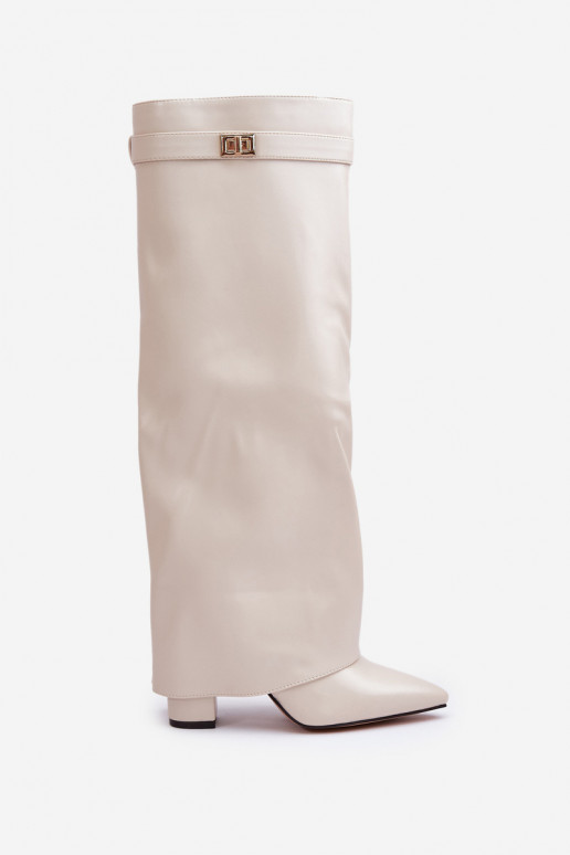 dámské dlouhé boty Eko  Z Wywiniętą Cholewką s podpatky slonová kost Avamora