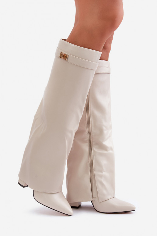 dámské dlouhé boty Eko  Z Wywiniętą Cholewką s podpatky slonová kost Avamora