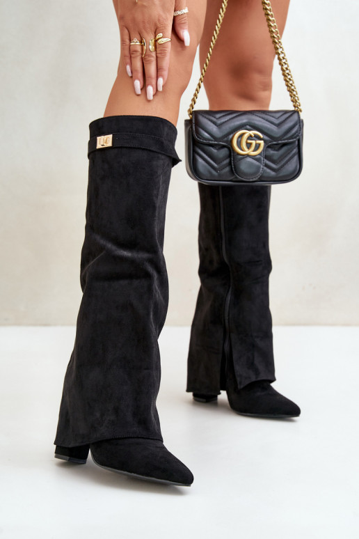 dámské dlouhé boty z eko semišeowe Z Wywiniętą Cholewką s podpatky Černé Bralise