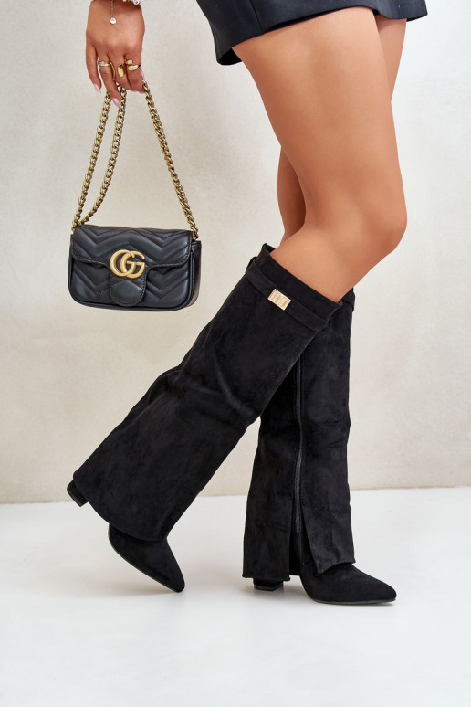 dámské dlouhé boty z eko semišeowe Z Wywiniętą Cholewką s podpatky Černé Bralise