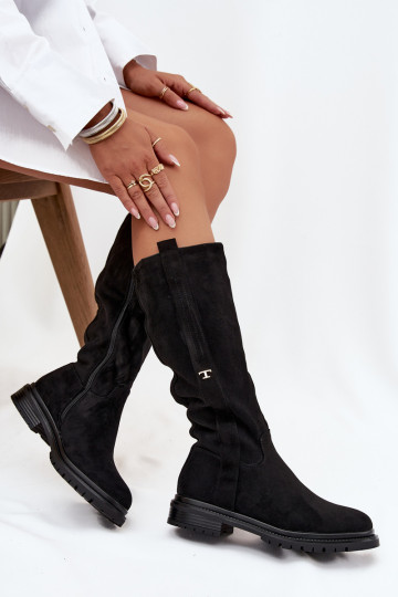 Teplé dlouhé kozačky Na płaskim Obcasie z eko semišeowe Černé Delyssa