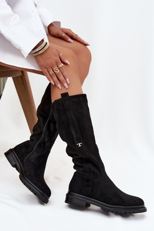 Teplé dlouhé kozačky Na płaskim Obcasie z eko semišeowe Černé Delyssa