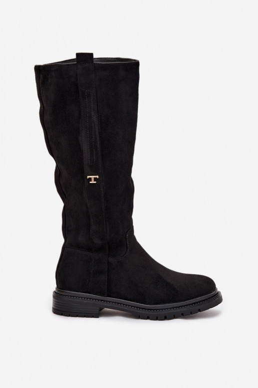 Teplé dlouhé kozačky Na płaskim Obcasie z eko semišeowe Černé Delyssa