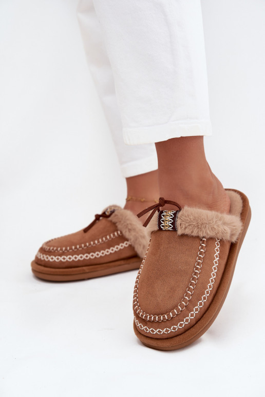 Pantofle  s kožešinou I Haftem hnědá Perivelle Pantofle  s kožešinou I Haftem hnědá Perivelle