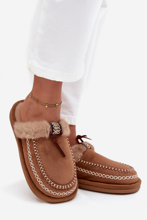Pantofle  s kožešinou I Haftem hnědá Perivelle Pantofle  s kožešinou I Haftem hnědá Perivelle