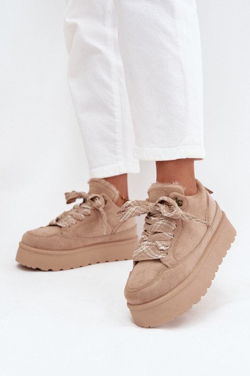 se šněrováním Sněhule  s platformou zateplené s kožešinou uvnitř béžové Tavelle