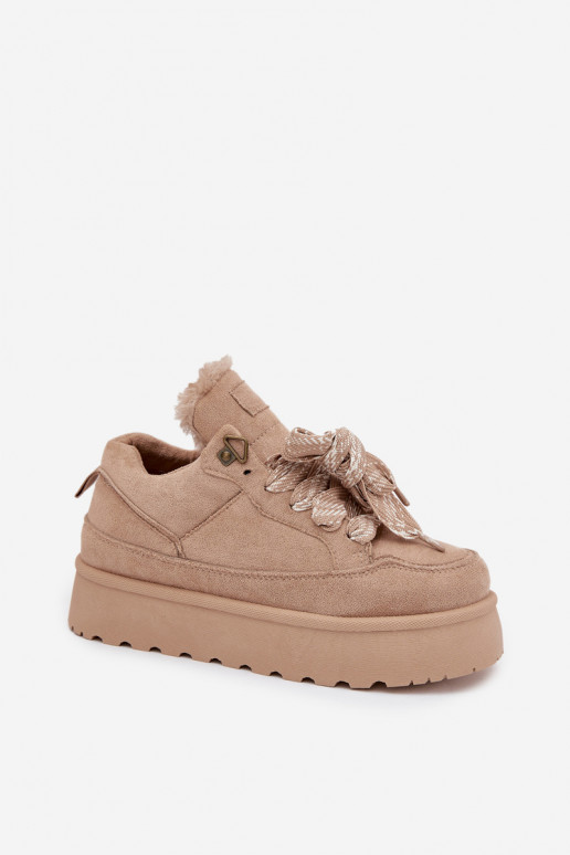 se šněrováním Sněhule  s platformou zateplené s kožešinou uvnitř béžové Tavelle