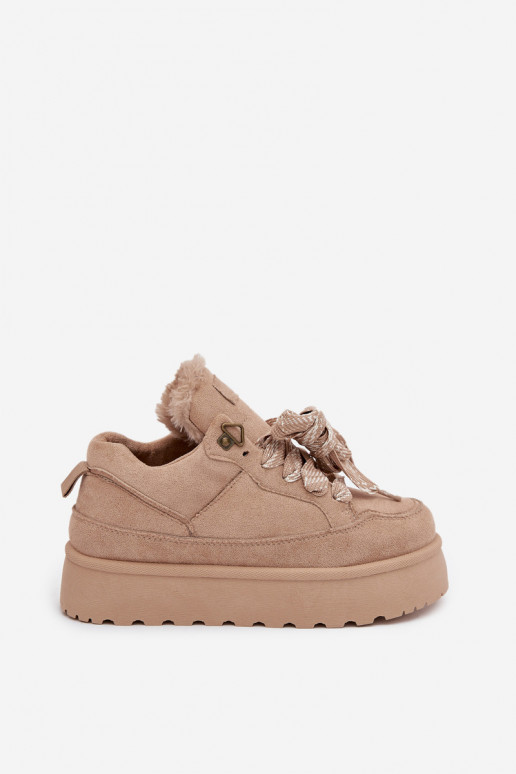 se šněrováním Sněhule  s platformou zateplené s kožešinou uvnitř béžové Tavelle