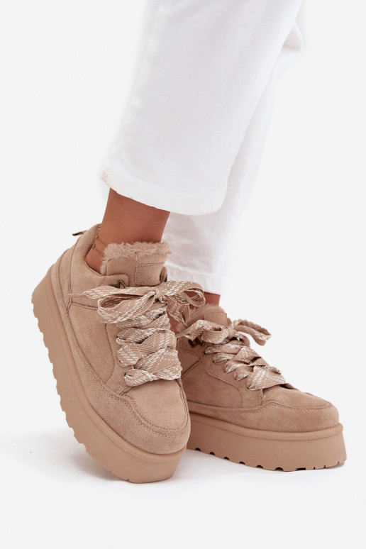 se šněrováním Sněhule  s platformou zateplené s kožešinou uvnitř béžové Tavelle