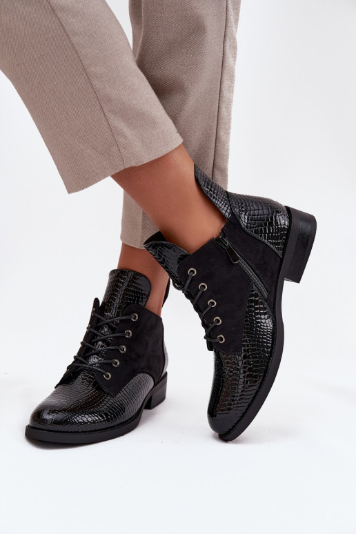 s efektem laku Dámské podpatky  Tłoczeniem zateplené Vinceza 16477 Černé