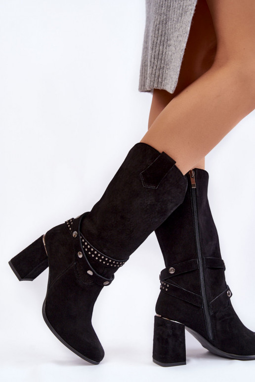  ze semiše dlouhé boty s podpatky  Shoes 2934/B Černé