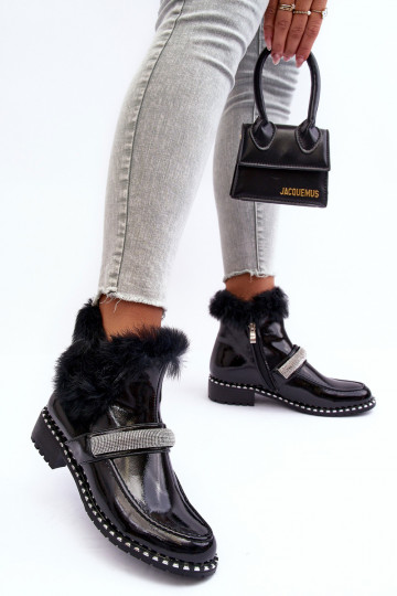 Dřeváky s efektem laku s kožešinou  S.Barski MR870-74 Černé 2