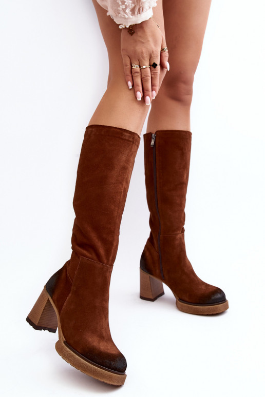 ze semiše dámské dlouhé boty s podpatky  Lemar tmavě hnědá Ceraxa