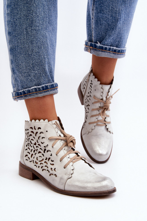 Zazoo 2871 Ažurová obuv  se šněrováním stříbrné barvy