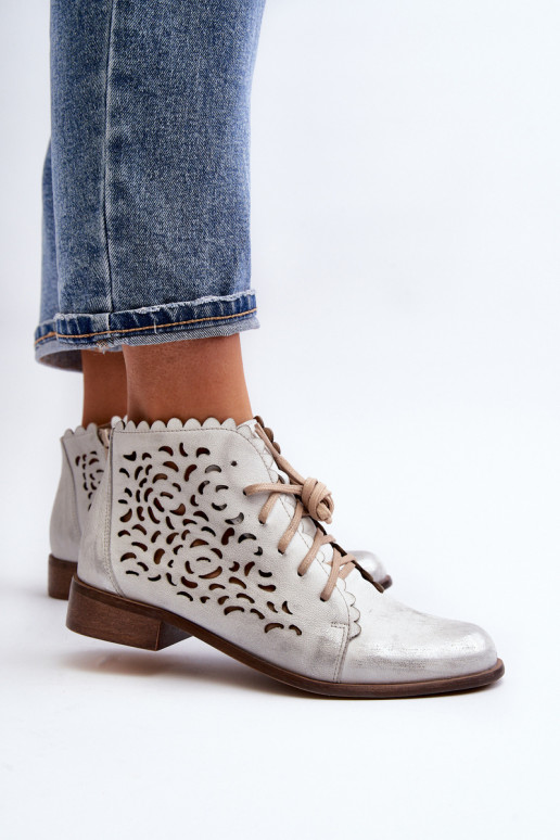 Zazoo 2871 Ažurová obuv  se šněrováním stříbrné barvy