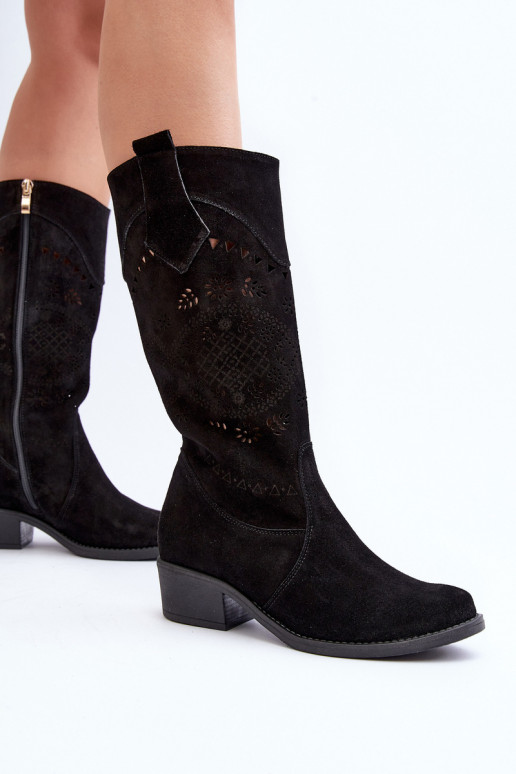 Zazoo 4043 ze semiše dlouhé boty na nízkém podpatku s ažurovými prvky Černé Zazoo 4043 ze semiše dlouhé boty na nízkém podpatku s ažurovými prvky Černé