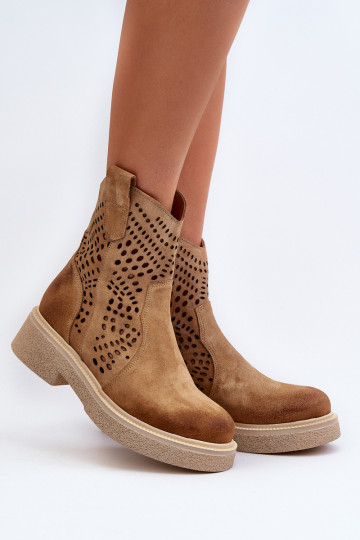 Zazoo 3470 Semišové boty  s širokými podpatky s ažurovými prvky béžové 2
