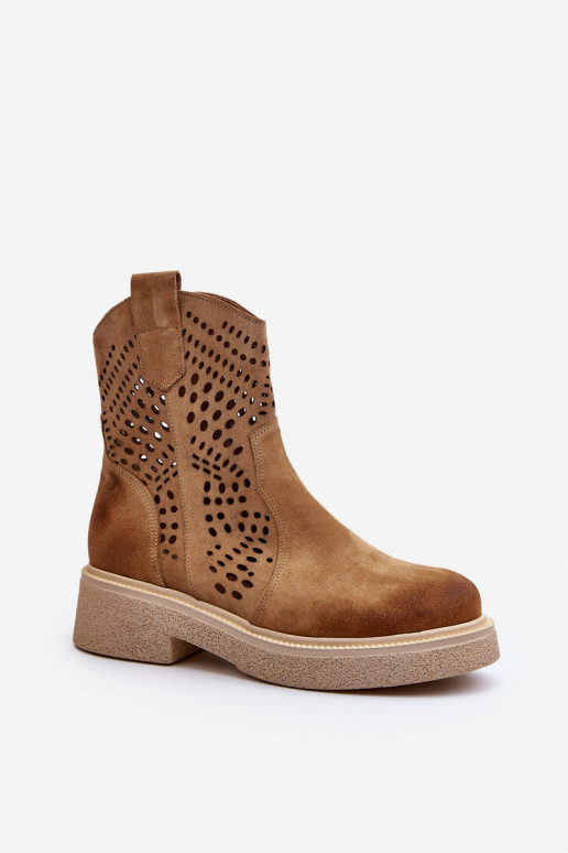 Zazoo 3470 Semišové boty  s širokými podpatky s ažurovými prvky béžové Zazoo 3470 Semišové boty  s širokými podpatky s ažurovými prvky béžové