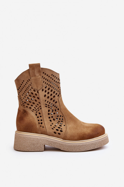 Zazoo 3470 Semišové boty  s širokými podpatky s ažurovými prvky béžové Zazoo 3470 Semišové boty  s širokými podpatky s ažurovými prvky béžové