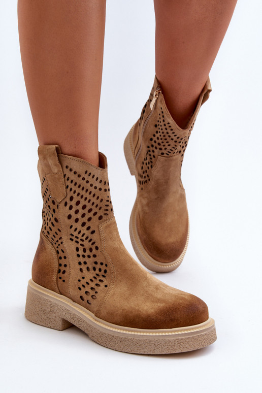 Zazoo 3470 Semišové boty  s širokými podpatky s ažurovými prvky béžové Zazoo 3470 Semišové boty  s širokými podpatky s ažurovými prvky béžové