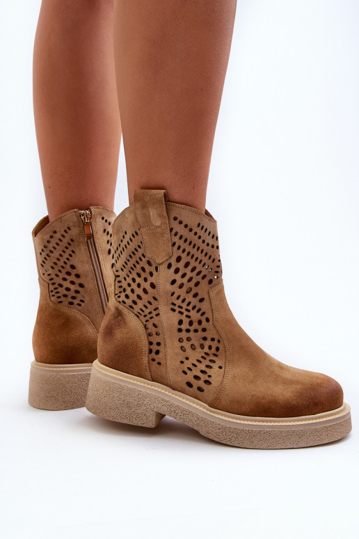 Zazoo 3470 Semišové boty  s širokými podpatky s ažurovými prvky béžové Zazoo 3470 Semišové boty  s širokými podpatky s ažurovými prvky béžové