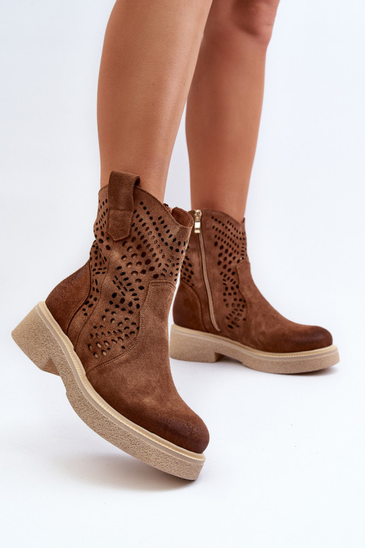 Zazoo 3470 Semišové boty  s širokými podpatky s ažurovými prvky hnědá Zazoo 3470 Semišové boty  s širokými podpatky s ažurovými prvky hnědá