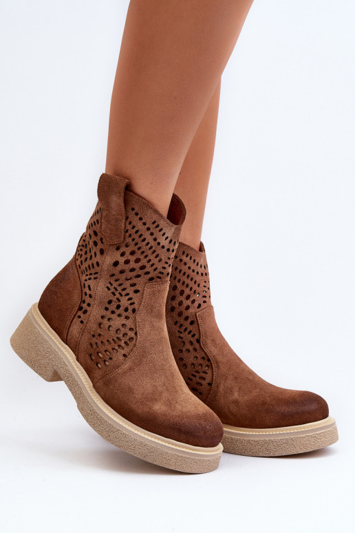 Zazoo 3470 Semišové boty  s širokými podpatky s ažurovými prvky hnědá Zazoo 3470 Semišové boty  s širokými podpatky s ažurovými prvky hnědá